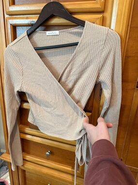 Neuflora Beige Ribbed Wrap Crop Top